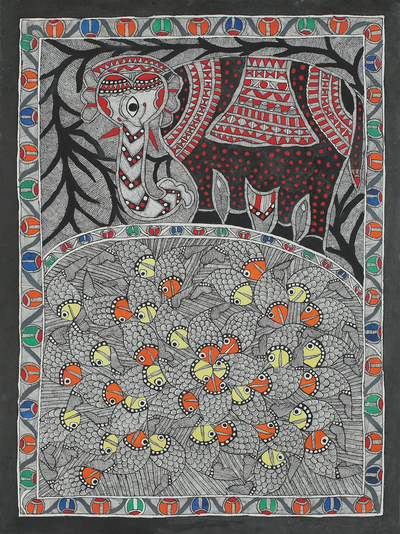 Madhubani painting, 'Happy Coexistence' - Colorful India Madhubani Folk Art Animal Painting