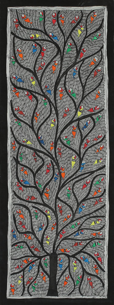 Madhubani painting, 'Birds in the Tree of Life II' - Signed Madhubani Folk Art Painting of Birds in a Tree