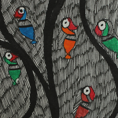 Madhubani-Gemälde - Signiertes Madhubani-Volkskunstgemälde von Vögeln in einem Baum