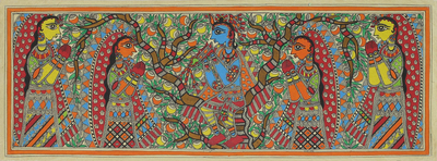 Madhubani Painting of Krishna and His Followers