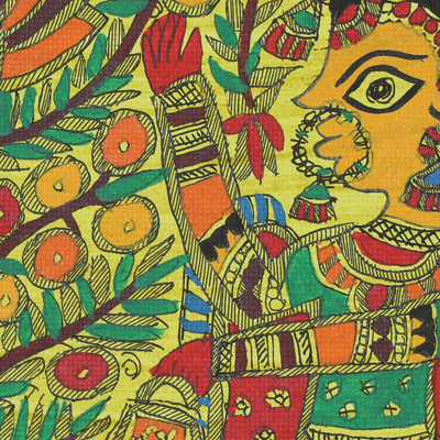 Madhubani-Gemälde - Krishna und der Baum des Lebens Authentisches Madhubani-Gemälde