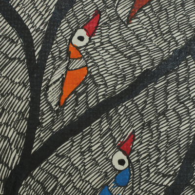 Madhubani painting, 'Mithila Tree of Life' - Madhubani Painting of Birds in the Tree of Life
