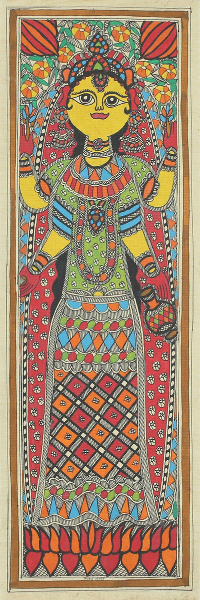 Pintura Madhubani, 'La diosa de la prosperidad - Pintura Madhubani de Lakshmi con tema de diosa hindú