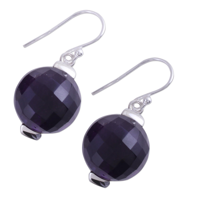 Amethyst dangle earrings, 'Dazzling Orbs' - Sterling Silver Amethyst Orb Dangle Earrings from India