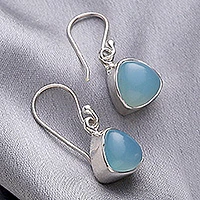 Chalcedony dangle earrings, 'Gleaming Pyramids' - Sterling Silver and Aqua Chalcedony Dangle Earrings