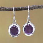 Amethyst dangle earrings, 'Haloed Purple' - Amethyst and Sterling Silver Dangle Earrings from India