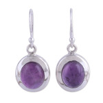 Amethyst dangle earrings, 'Haloed Purple' - Amethyst and Sterling Silver Dangle Earrings from India