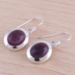 Amethyst dangle earrings, 'Haloed Purple' - Amethyst and Sterling Silver Dangle Earrings from India