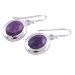 Amethyst dangle earrings, 'Haloed Purple' - Amethyst and Sterling Silver Dangle Earrings from India