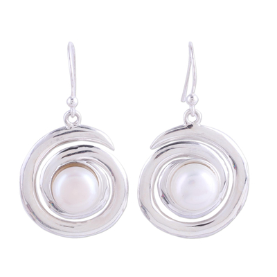 Cultured pearl dangle earrings, 'White Swirling Beauty' - Sterling Silver Cultured Pearl Dangle Earrings from India