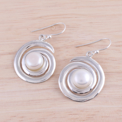 Cultured pearl dangle earrings, 'White Swirling Beauty' - Sterling Silver Cultured Pearl Dangle Earrings from India