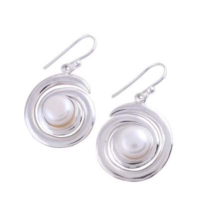 Cultured pearl dangle earrings, 'Swirling Beauty' - Sterling Silver Cultured Pearl Dangle Earrings from India