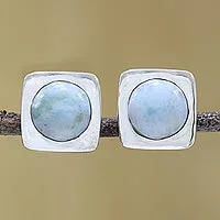 Pendientes de botón de Larimar, 'Encompass' - Pendientes de botón de Larimar y plata de ley de la India