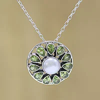 Peridot and cultured pearl pendant necklace, 'Peridot Petals' - Peridot and Cultured Pearl Sterling Silver Pendant Necklace