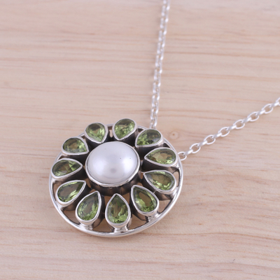 Peridot and cultured pearl pendant necklace, 'Peridot Petals' - Peridot and Cultured Pearl Sterling Silver Pendant Necklace