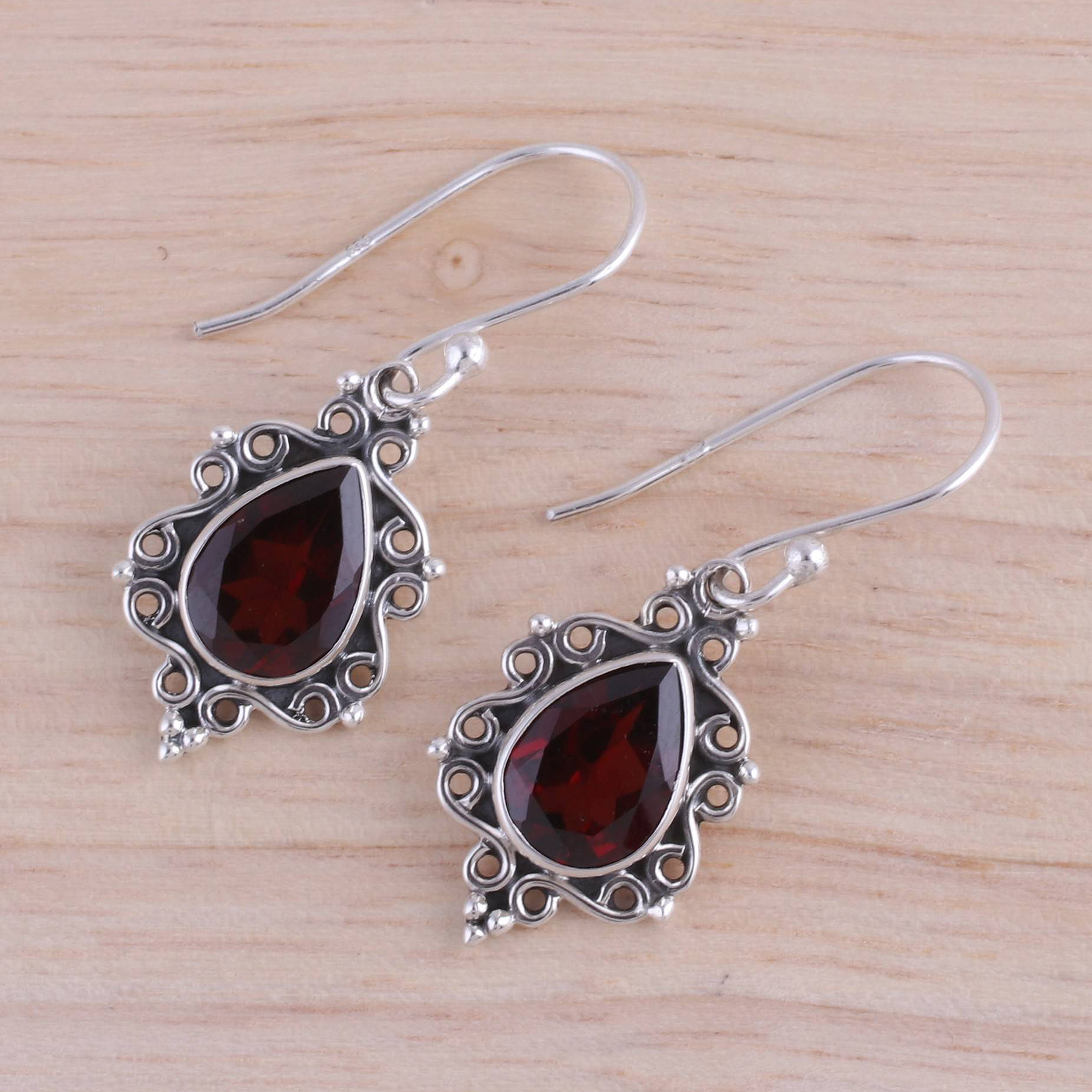 Sterling Silver and Garnet Dangle Earrings from India - Red Intricacy ...
