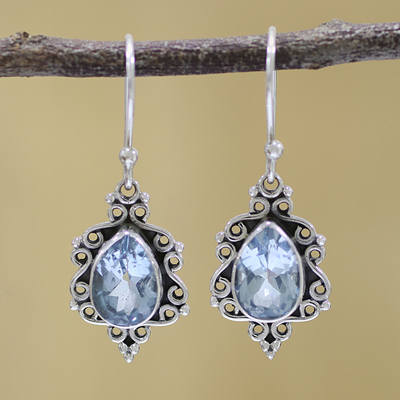 Blue topaz dangle earrings, Blue Intricacy