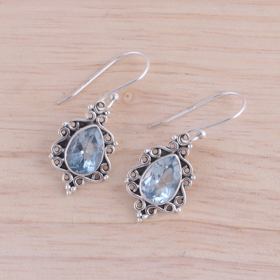 Blue topaz dangle earrings, 'Blue Intricacy' - Sterling Silver and Blue Topaz Dangle Earrings from India
