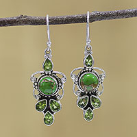 Pendientes colgantes de peridoto, 'Glittering Green' - Pendientes de plata 925 con compuesto de peridoto y turquesa verde