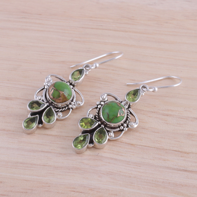 Peridot dangle earrings, 'Glittering Green' - Peridot and Green Composite Turquoise 925 Silver Earrings