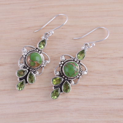Peridot dangle earrings, 'Glittering Green' - Peridot and Green Composite Turquoise 925 Silver Earrings