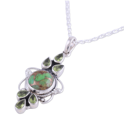 Peridot pendant necklace, 'Glittering Green' - Peridot and Composite Turquoise Pendant Necklace from India