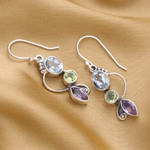 Multi-gemstone dangle earrings, 'Shimmering Alliance' - Blue Topaz Peridot Amethyst Sterling Silver Dangle Earrings
