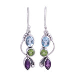 Multi-gemstone dangle earrings, 'Shimmering Alliance' - Blue Topaz Peridot Amethyst Sterling Silver Dangle Earrings