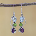 Multi-gemstone dangle earrings, 'Shimmering Alliance' - Blue Topaz Peridot Amethyst Sterling Silver Dangle Earrings