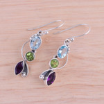 Multi-gemstone dangle earrings, 'Shimmering Alliance' - Blue Topaz Peridot Amethyst Sterling Silver Dangle Earrings