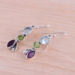 Multi-gemstone dangle earrings, 'Shimmering Alliance' - Blue Topaz Peridot Amethyst Sterling Silver Dangle Earrings