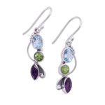 Multi-gemstone dangle earrings, 'Shimmering Alliance' - Blue Topaz Peridot Amethyst Sterling Silver Dangle Earrings