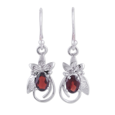 Rhodium plated garnet dangle earrings, 'Red Buds' - Rhodium Plated Leafy Garnet Dangle Earrings from India