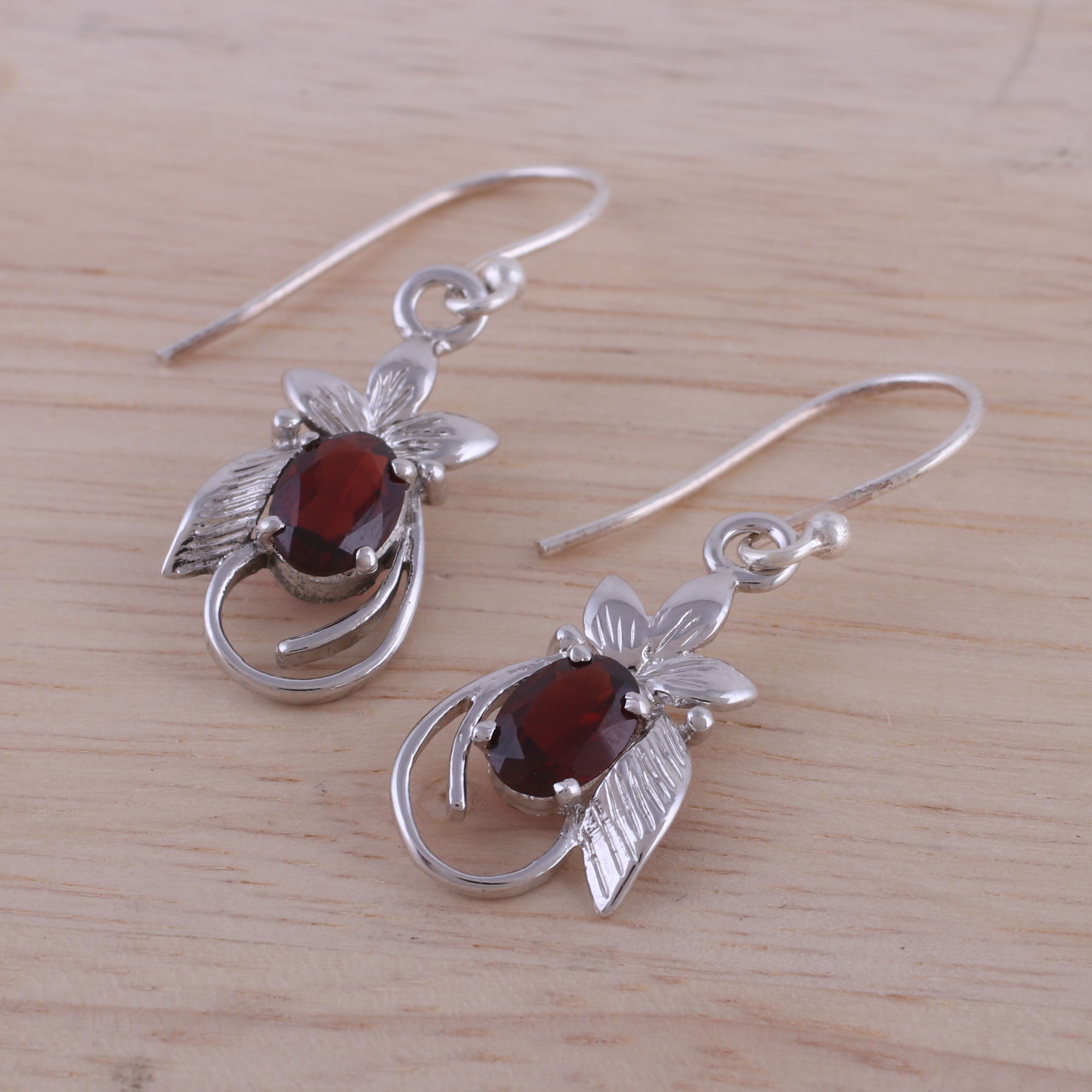 Rhodium Plated Leafy Garnet Dangle Earrings from India - Red Buds | NOVICA