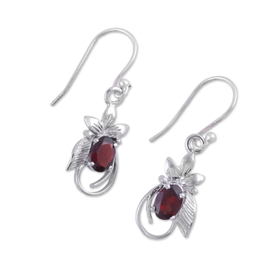 Rhodium plated garnet dangle earrings, 'Red Buds' - Rhodium Plated Leafy Garnet Dangle Earrings from India