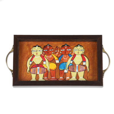 Glass tray, 'Bengali Men in Brown' - Bengali Drummer Painting on Brown Serving Tray