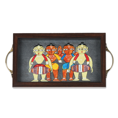 Glass tray, 'Bengali Men in Grey' - Bengali Drummers Painting on Grey Serving Tray