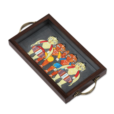 Glass tray, 'Bengali Men in Grey' - Bengali Drummers Painting on Grey Serving Tray