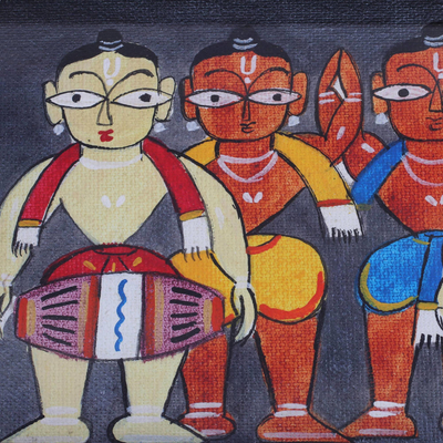 Bandeja de vidrio, 'Hombres bengalíes de gris' - Bateristas bengalíes pintando sobre una bandeja gris