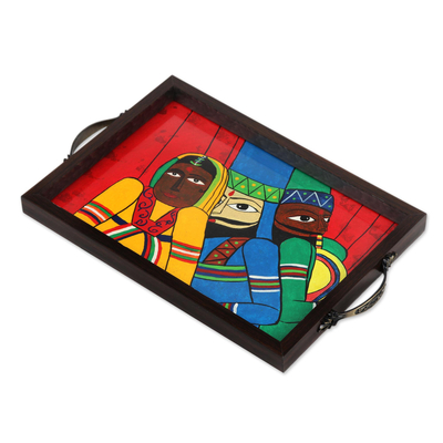 Glass decorative tray, 'Rajasthani Lady' - Cotton and Glass Serving Tray with Indian Cultural Painting