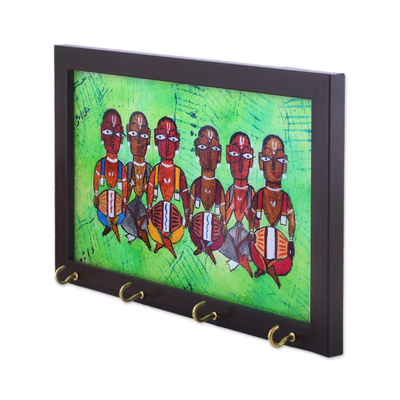 Cotton and glass key rack, 'Musical Alliance' - Cotton and Glass Key Rack with Cultural Painting from India