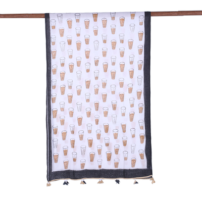 Cotton shawl, 'Masala Chai' - Printed Chai Tea Motif Cotton Shawl from India
