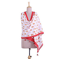 Cotton shawl, 'Masala Chai in Crimson' - Printed Chai Tea Motif Cotton Shawl in Crimson from India