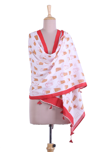 Cotton shawl, 'Masala Chai in Crimson' - Printed Chai Tea Motif Cotton Shawl in Crimson from India