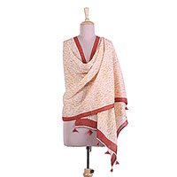 Cotton shawl, 'Patiala Jutti Shoes' - Printed Cotton Shawl in Almond and Russet from India
