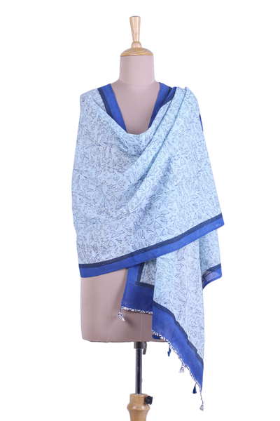 Cotton shawl, 'Lapis Origami' - Printed Cotton Shawl in Lapis and Pastel Blue from India