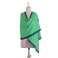 Cotton shawl, 'Emerald Keys' - Printed Cotton Shawl in Emerald and Pine Green from India