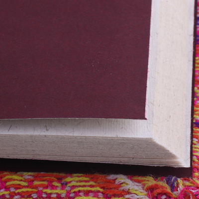 Leather accent cotton journal, 'Berry Delight' - Leather Accent Cotton Journal in Berry from India