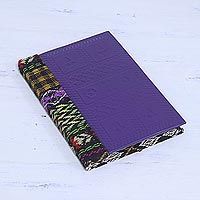 Leather accent cotton journal, 'Blue-Violet Delight' - Leather Accent Cotton Journal in Blue-Violet from India