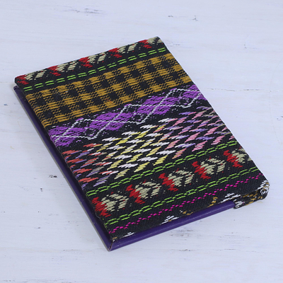 Leather accent cotton journal, 'Blue-Violet Delight' - Leather Accent Cotton Journal in Blue-Violet from India